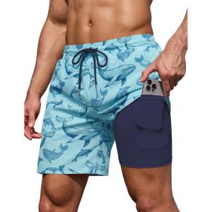 COOFANDY Men’s 7″ Swim Trunks with Compression Liner Stretch Swimming Shorts with Zipper Pockets(Light Blue – Whales)
