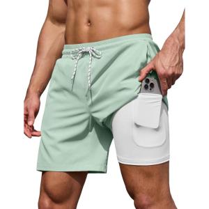 COOFANDY Men’s 7″ Swim Trunks with Compression Liner Stretch Swimming Shorts with Zipper Pockets(Mint Green)