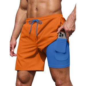 COOFANDY Men’s 7″ Swim Trunks with Compression Liner Stretch Swimming Shorts with Zipper Pockets(Orange)