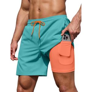 COOFANDY Men’s 7″ Swim Trunks with Compression Liner Stretch Swimming Shorts with Zipper Pockets(Teal)