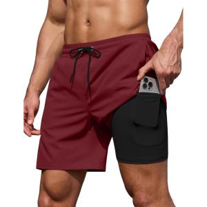 COOFANDY Men’s 7″ Swim Trunks with Compression Liner Stretch Swimming Shorts with Zipper Pockets(Wine)