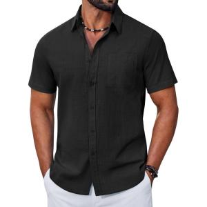COOFANDY Mens Button Down Shirt Short Sleeve Casual Stylish Cotton Shirts Linen Textured Summer Beach Wedding Shirt(Black)