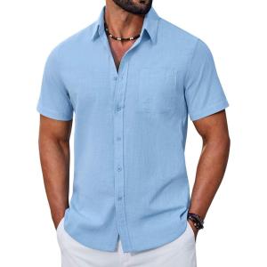 COOFANDY Mens Button Down Shirt Short Sleeve Casual Stylish Cotton Shirts Linen Textured Summer Beach Wedding Shirt(Blue)