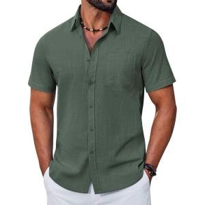 COOFANDY Mens Button Down Shirt Short Sleeve Casual Stylish Cotton Shirts Linen Textured Summer Beach Wedding Shirt(Deep Green)