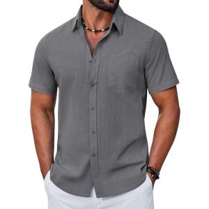 COOFANDY Mens Button Down Shirt Short Sleeve Casual Stylish Cotton Shirts Linen Textured Summer Beach Wedding Shirt(Deep Grey)