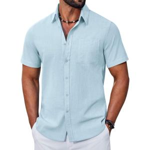 COOFANDY Mens Button Down Shirt Short Sleeve Casual Stylish Cotton Shirts Linen Textured Summer Beach Wedding Shirt(Light Blue)
