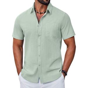 COOFANDY Mens Button Down Shirt Short Sleeve Casual Stylish Cotton Shirts Linen Textured Summer Beach Wedding Shirt(Light Green)