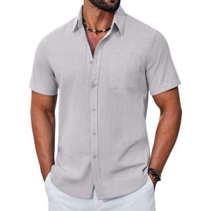 COOFANDY Mens Button Down Shirt Short Sleeve Casual Stylish Cotton Shirts Linen Textured Summer Beach Wedding Shirt(Light Grey)