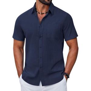 COOFANDY Mens Button Down Shirt Short Sleeve Casual Stylish Cotton Shirts Linen Textured Summer Beach Wedding Shirt(Midnight Blue)
