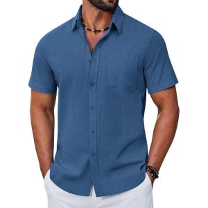 COOFANDY Mens Button Down Shirt Short Sleeve Casual Stylish Cotton Shirts Linen Textured Summer Beach Wedding Shirt(Navy Blue)