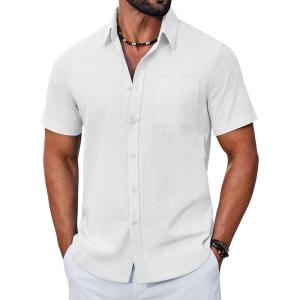 COOFANDY Mens Button Down Shirt Short Sleeve Casual Stylish Cotton Shirts Linen Textured Summer Beach Wedding Shirt(White)