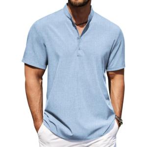 COOFANDY Men’s Casual Henley Shirt Short Sleeve Band Collar Shirt Summer Beach Hippie Vacation T Shirt with Button