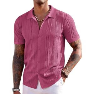 COOFANDY Men’s Knit Shirts Short Sleeve Button Down Polo Shirt Fashion Casual Summer Beach Shirts(Magenta)