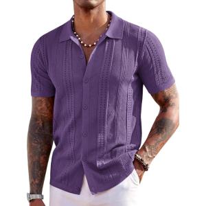 COOFANDY Men’s Knit Shirts Short Sleeve Button Down Polo Shirt Fashion Casual Summer Beach Shirts(Purple)