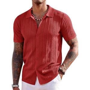 COOFANDY Men’s Knit Shirts Short Sleeve Button Down Polo Shirt Fashion Casual Summer Beach Shirts(Red)