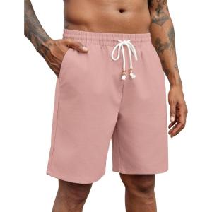 COOFANDY Mens Linen Shorts Casual Drawstring Elastic Waist Lightweight Summer Vacation Beach Shorts(Pink)