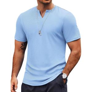 COOFANDY Mens Muscle T-Shirts V-Neck Slim Fit Workout Shirt Short Sleeve Longline Gym Athletic Tee Shirts(Solid Color-light Blue)