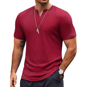 COOFANDY Mens Muscle T-Shirts V-Neck Slim Fit Workout Shirt Short Sleeve Longline Gym Athletic Tee Shirts(Solid Color-wine Red)