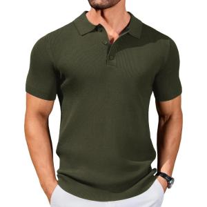 COOFANDY Mens Slim Fit Knit Polo Shirts Business Lightweight Polo Sweater Casual Summer Ribbed Textured Collared T Shirt(Army Green)