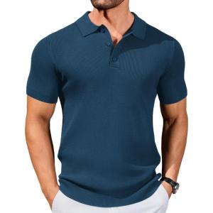 COOFANDY Mens Slim Fit Knit Polo Shirts Business Lightweight Polo Sweater Casual Summer Ribbed Textured Collared T Shirt(Blue)