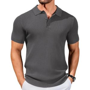 COOFANDY Mens Slim Fit Knit Polo Shirts Business Lightweight Polo Sweater Casual Summer Ribbed Textured Collared T Shirt(Dark Grey)
