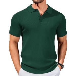 COOFANDY Mens Slim Fit Knit Polo Shirts Business Lightweight Polo Sweater Casual Summer Ribbed Textured Collared T Shirt(Green)