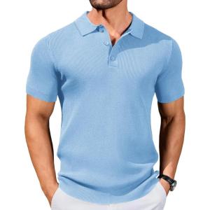 COOFANDY Mens Slim Fit Knit Polo Shirts Business Lightweight Polo Sweater Casual Summer Ribbed Textured Collared T Shirt(Light Blue)