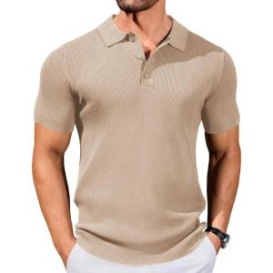 COOFANDY Mens Slim Fit Knit Polo Shirts Business Lightweight Polo Sweater Casual Summer Ribbed Textured Collared T Shirt(Light Coffee)