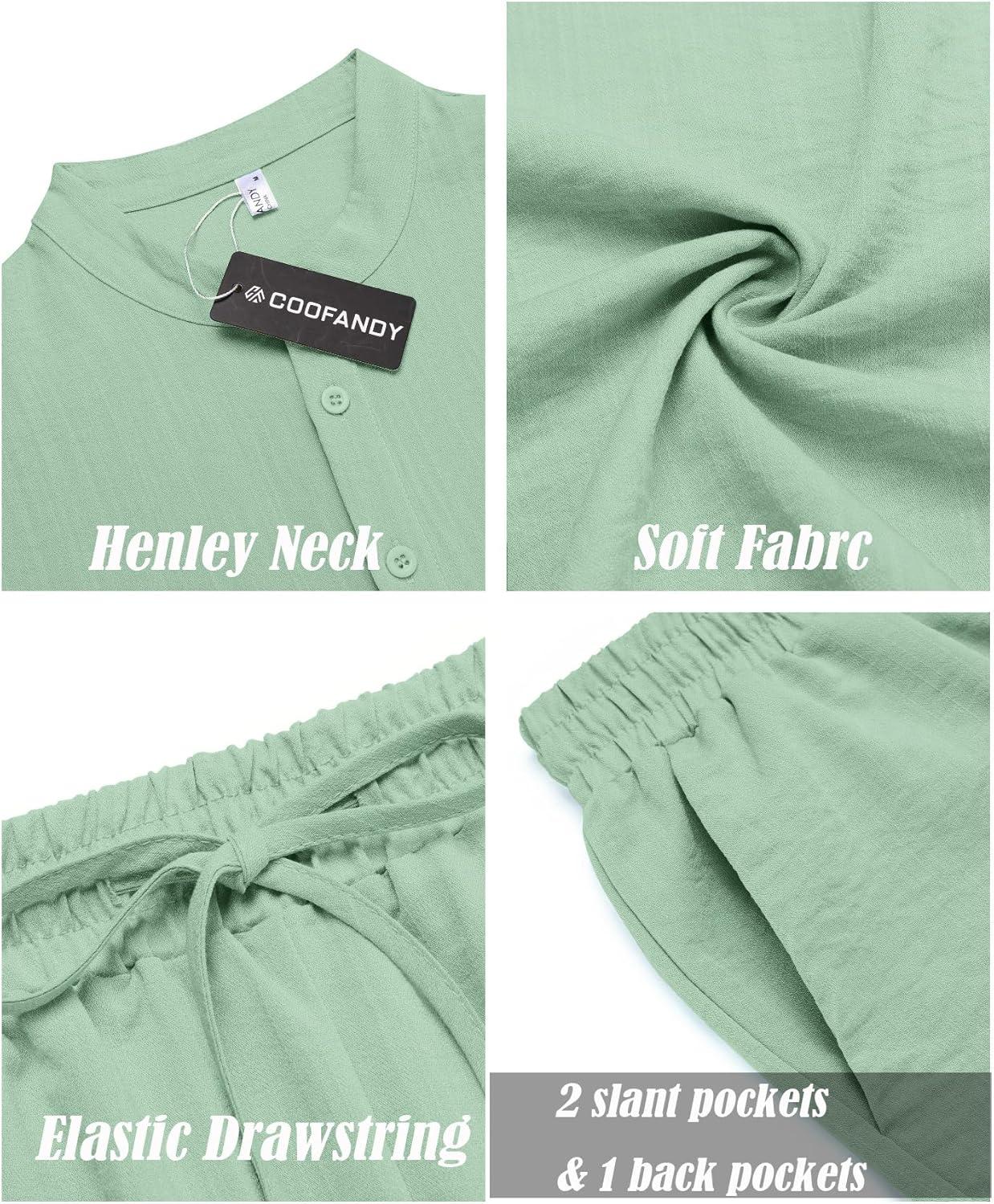 imageCOOFANDY Mens 2 Pieces Linen Set Casual Henley Shirts Short Sleeve Beach Yoga Shorts Summer Pants OutfitsIce Green