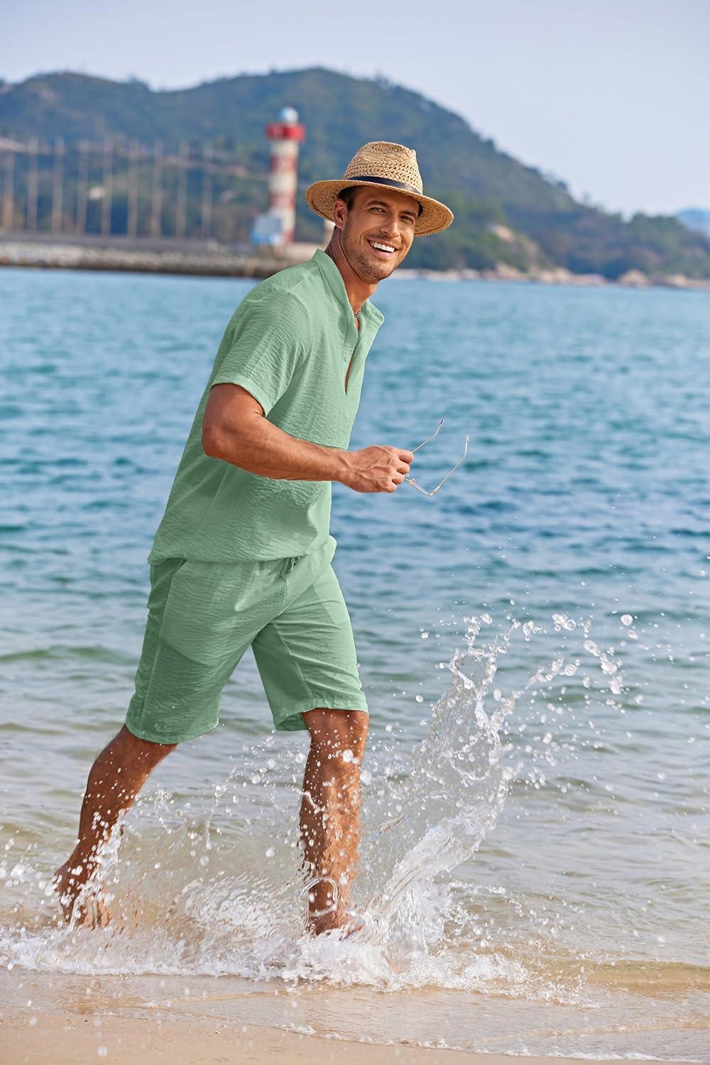 imageCOOFANDY Mens 2 Pieces Linen Set Casual Henley Shirts Short Sleeve Beach Yoga Shorts Summer Pants OutfitsIce Green