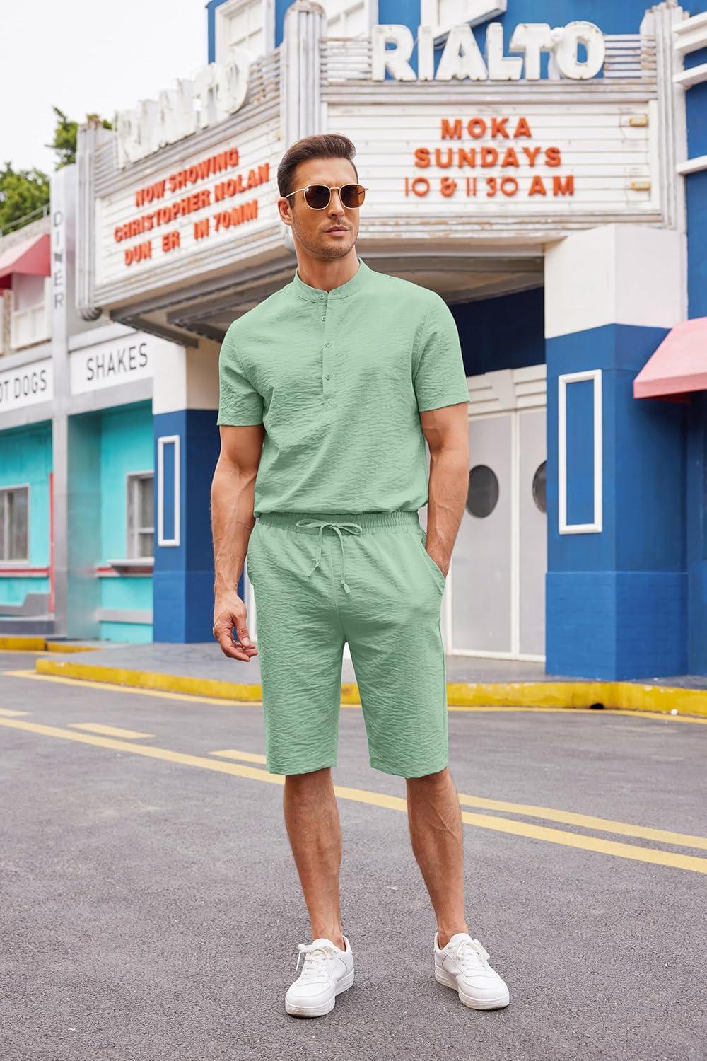 imageCOOFANDY Mens 2 Pieces Linen Set Casual Henley Shirts Short Sleeve Beach Yoga Shorts Summer Pants OutfitsIce Green