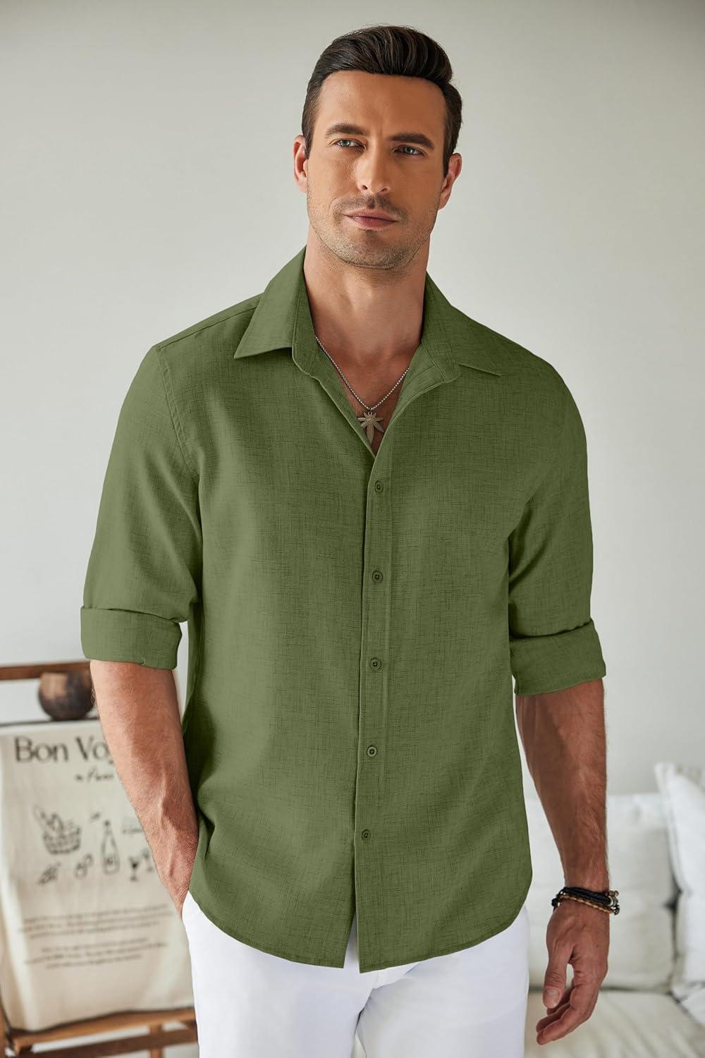 imageCOOFANDY Mens Button Down Shirt Long Sleeve Untucked Shirts Regular Fit Casual Dress ShirtsChive