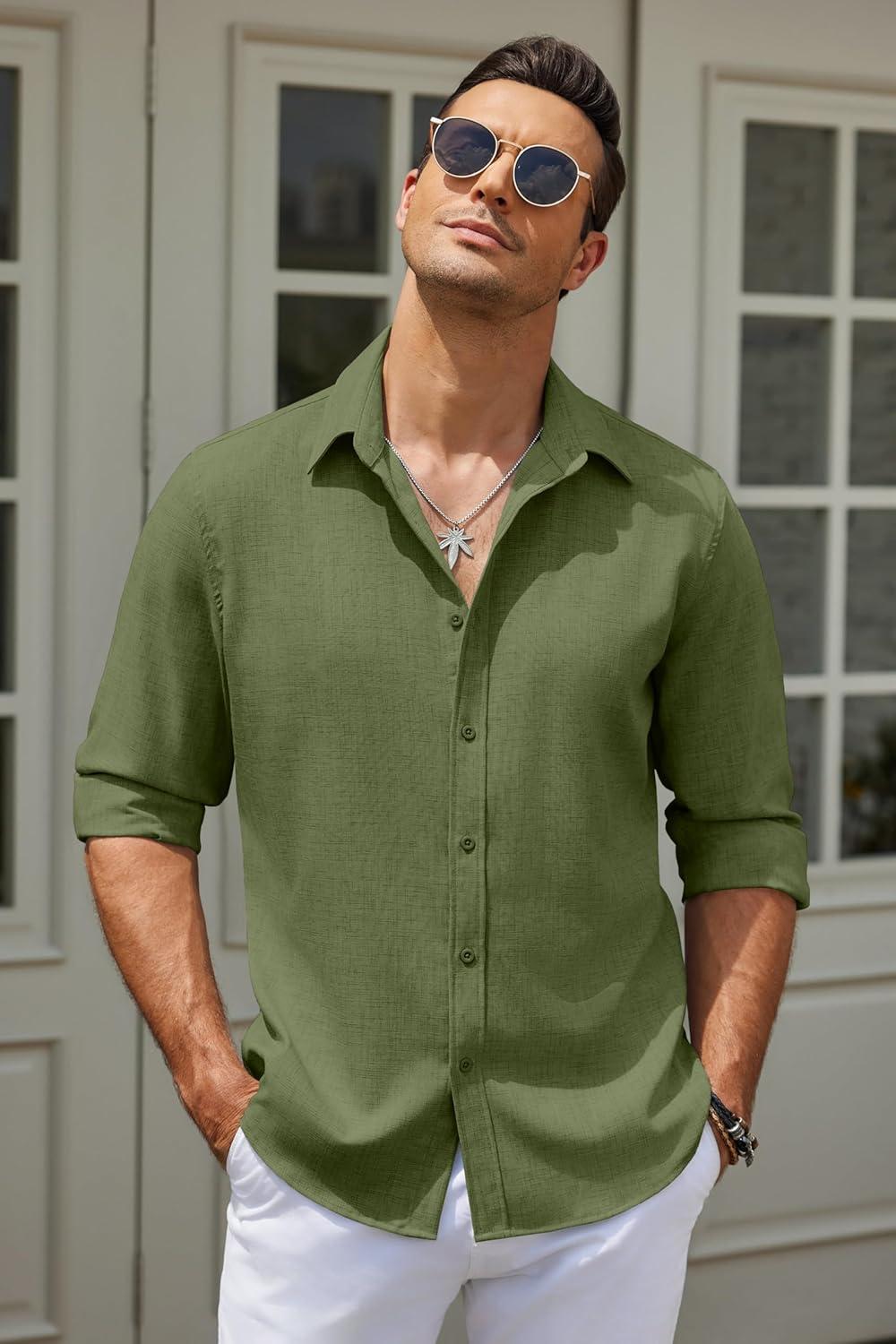 imageCOOFANDY Mens Button Down Shirt Long Sleeve Untucked Shirts Regular Fit Casual Dress ShirtsChive