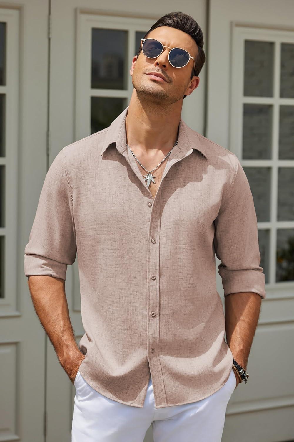 imageCOOFANDY Mens Button Down Shirt Long Sleeve Untucked Shirts Regular Fit Casual Dress ShirtsSesame