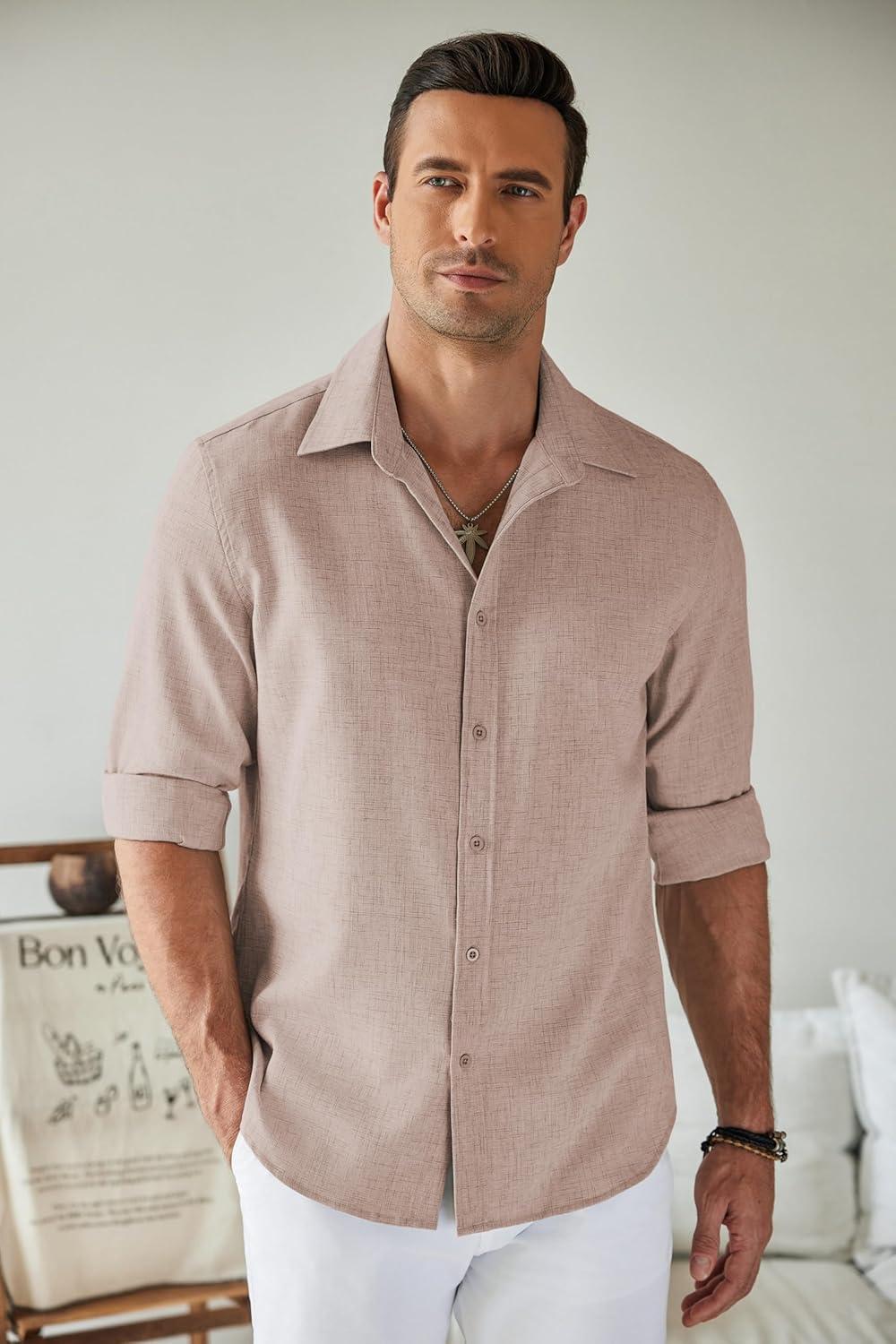 imageCOOFANDY Mens Button Down Shirt Long Sleeve Untucked Shirts Regular Fit Casual Dress ShirtsSesame