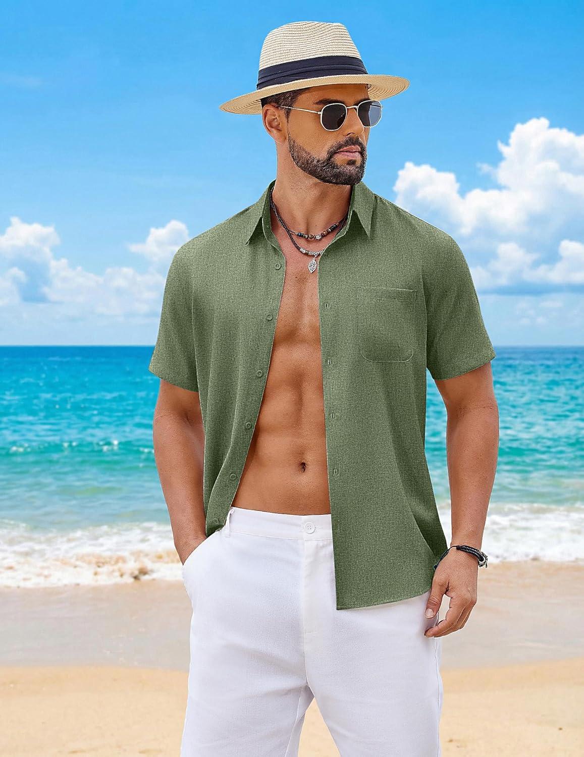 imageCOOFANDY Mens Button Down Shirt Short Sleeve Casual Shirts Summer Beach Wedding Linen Shirt with PocketArmy Green