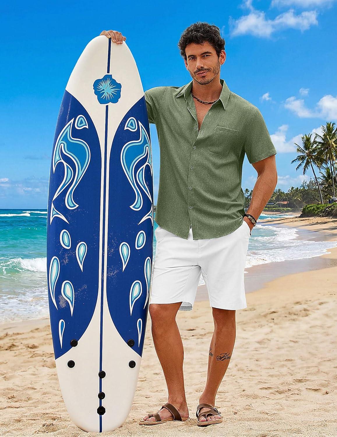 imageCOOFANDY Mens Button Down Shirt Short Sleeve Casual Shirts Summer Beach Wedding Linen Shirt with PocketArmy Green