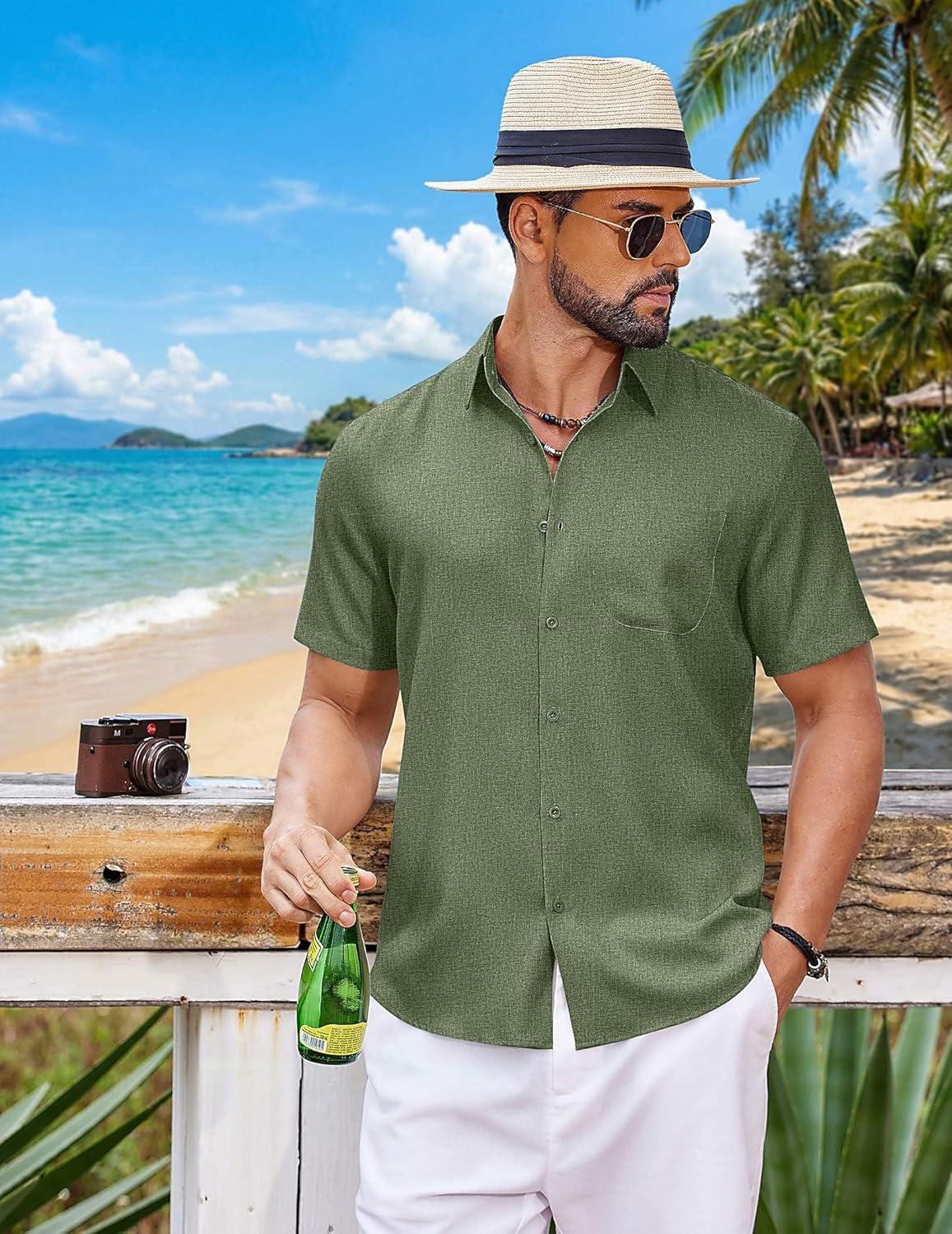 imageCOOFANDY Mens Button Down Shirt Short Sleeve Casual Shirts Summer Beach Wedding Linen Shirt with PocketArmy Green