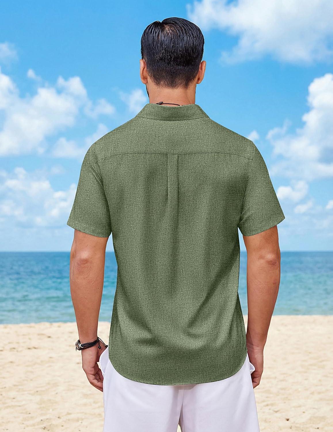 imageCOOFANDY Mens Button Down Shirt Short Sleeve Casual Shirts Summer Beach Wedding Linen Shirt with PocketArmy Green
