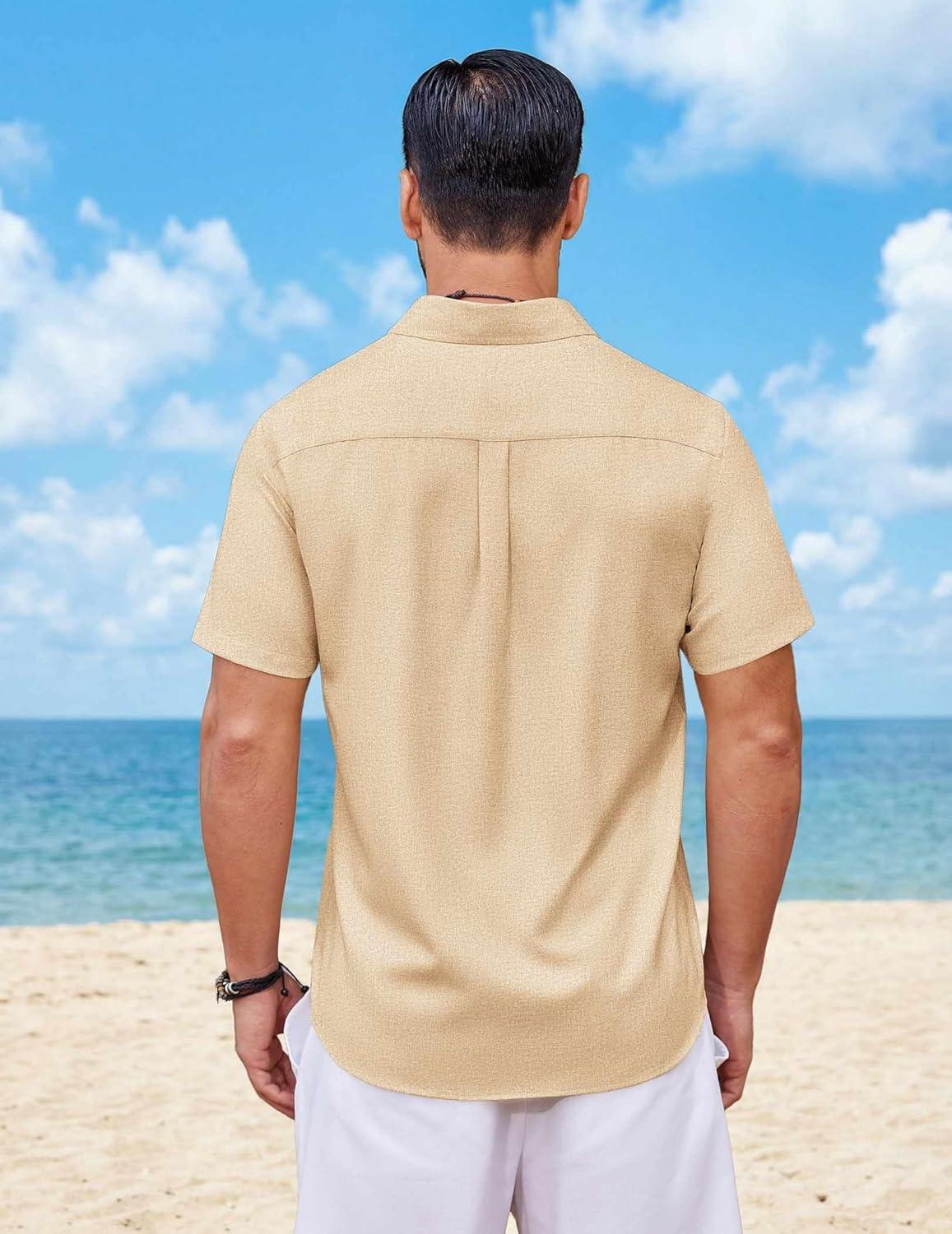 imageCOOFANDY Mens Button Down Shirt Short Sleeve Casual Shirts Summer Beach Wedding Linen Shirt with PocketBeige