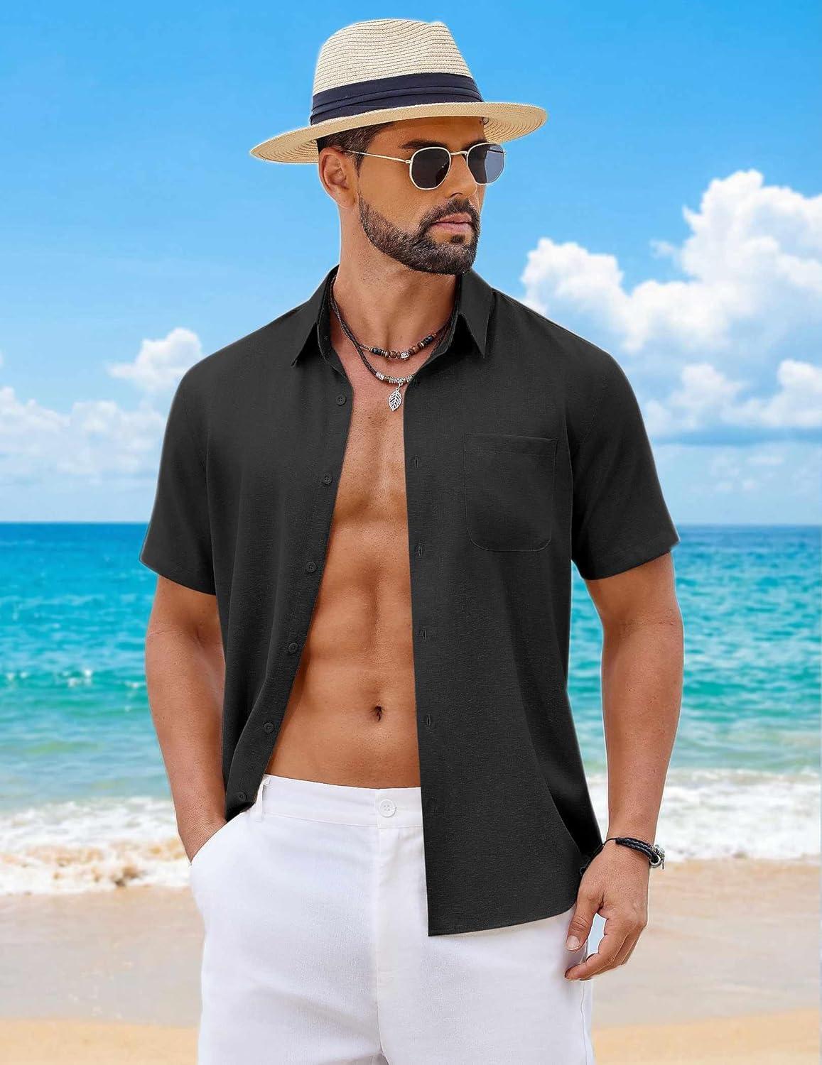 imageCOOFANDY Mens Button Down Shirt Short Sleeve Casual Shirts Summer Beach Wedding Linen Shirt with PocketBlack