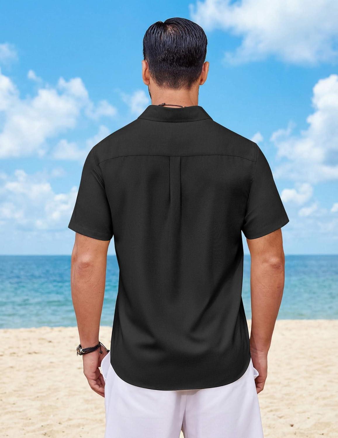 imageCOOFANDY Mens Button Down Shirt Short Sleeve Casual Shirts Summer Beach Wedding Linen Shirt with PocketBlack