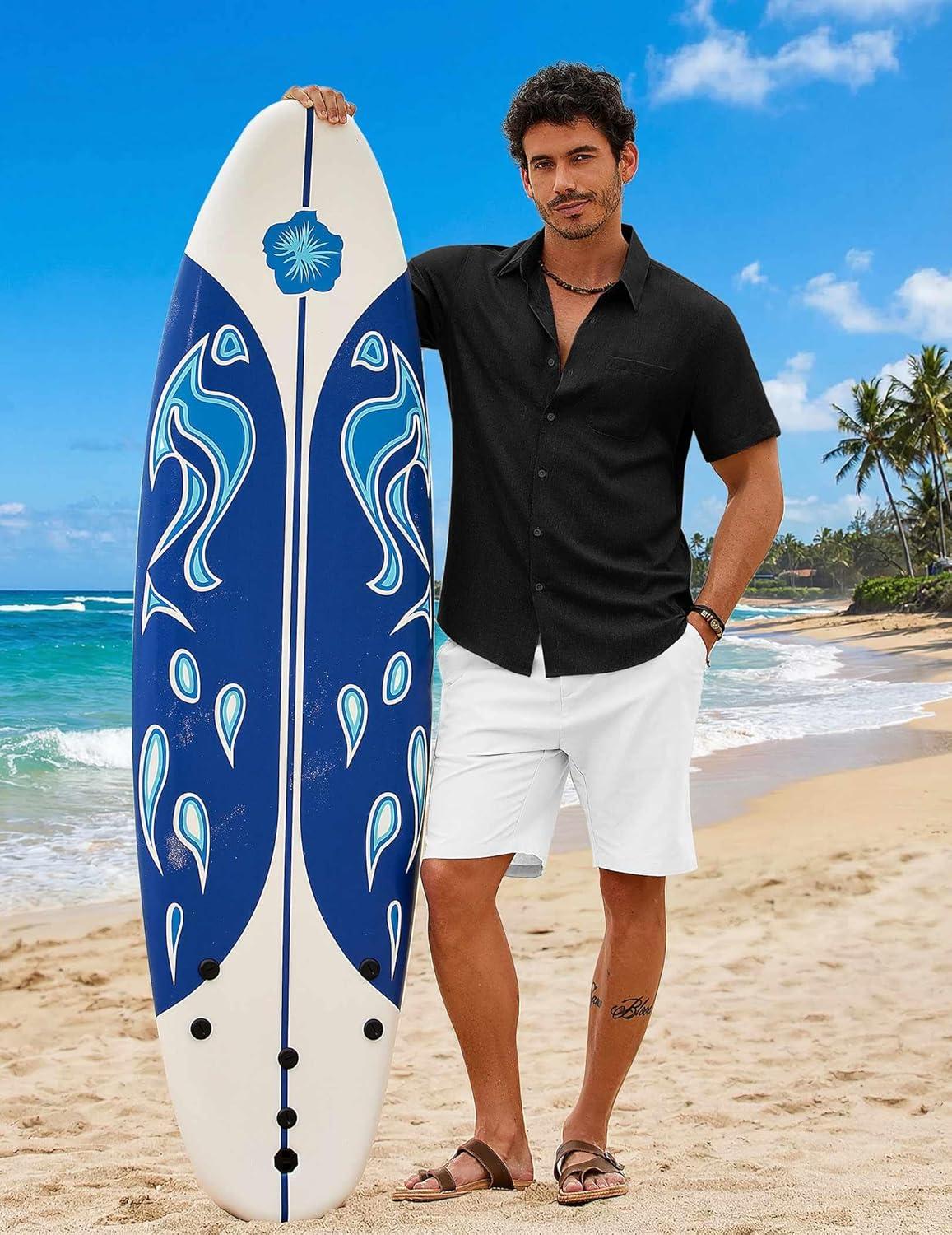 imageCOOFANDY Mens Button Down Shirt Short Sleeve Casual Shirts Summer Beach Wedding Linen Shirt with PocketBlack