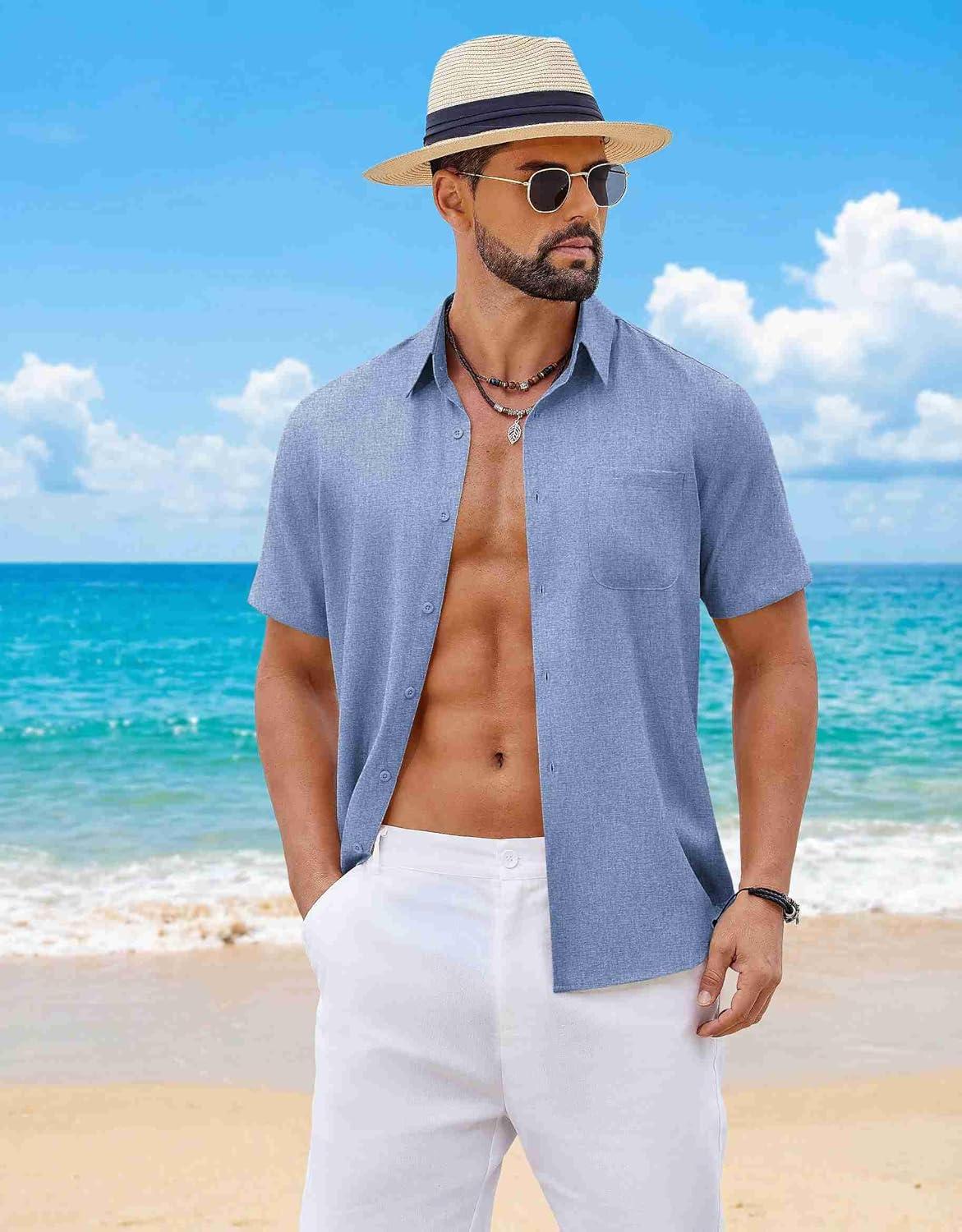 imageCOOFANDY Mens Button Down Shirt Short Sleeve Casual Shirts Summer Beach Wedding Linen Shirt with PocketBlue