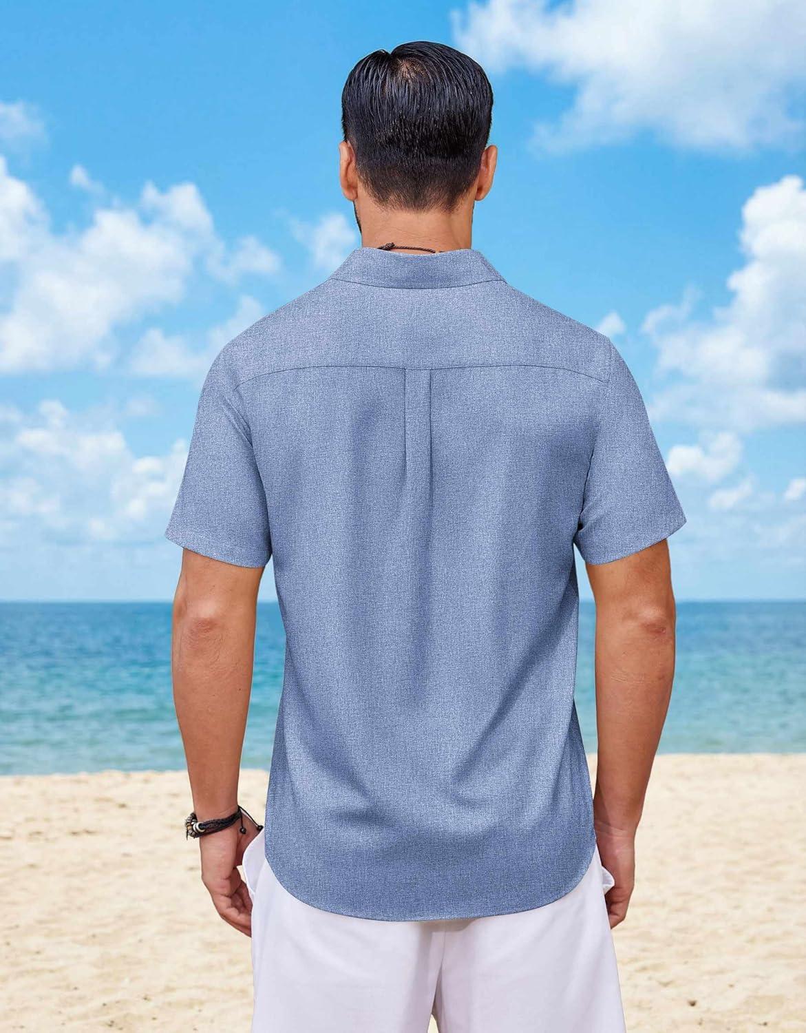 imageCOOFANDY Mens Button Down Shirt Short Sleeve Casual Shirts Summer Beach Wedding Linen Shirt with PocketBlue