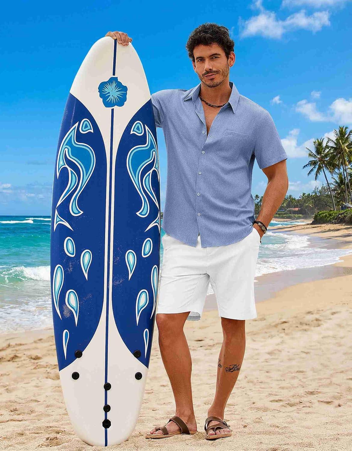 imageCOOFANDY Mens Button Down Shirt Short Sleeve Casual Shirts Summer Beach Wedding Linen Shirt with PocketBlue