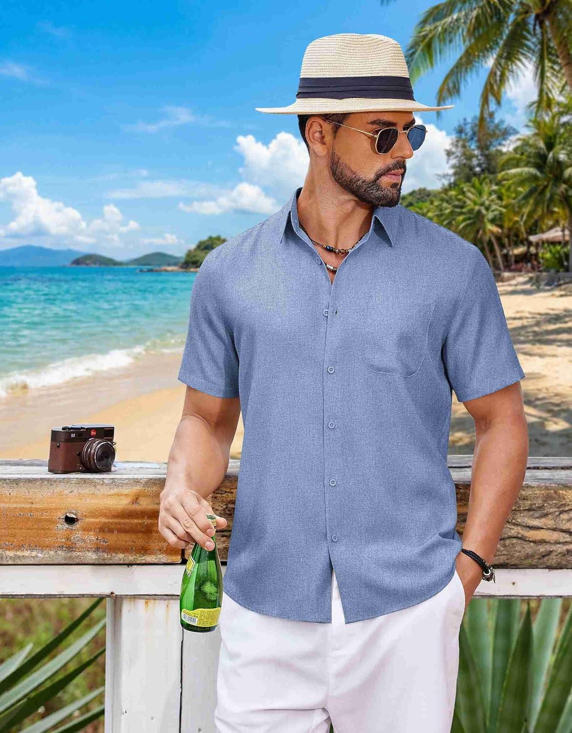 imageCOOFANDY Mens Button Down Shirt Short Sleeve Casual Shirts Summer Beach Wedding Linen Shirt with PocketBlue