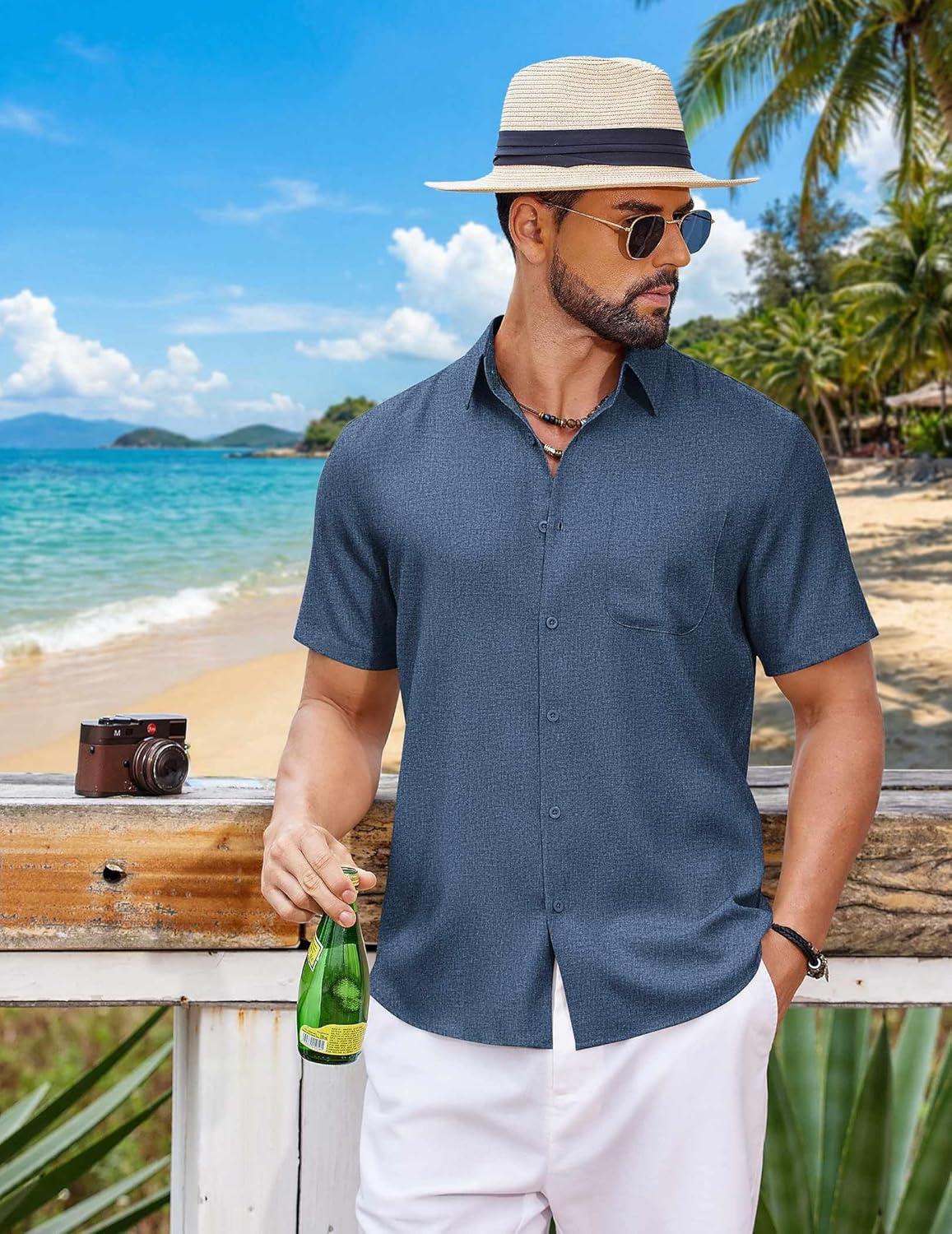 imageCOOFANDY Mens Button Down Shirt Short Sleeve Casual Shirts Summer Beach Wedding Linen Shirt with PocketDark Blue