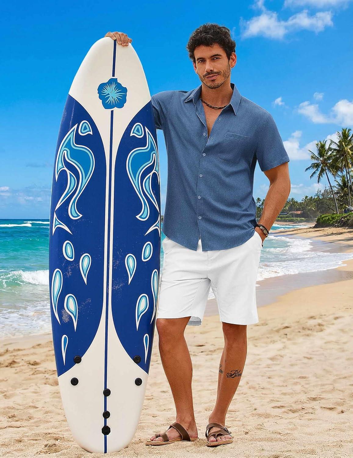 imageCOOFANDY Mens Button Down Shirt Short Sleeve Casual Shirts Summer Beach Wedding Linen Shirt with PocketDark Blue