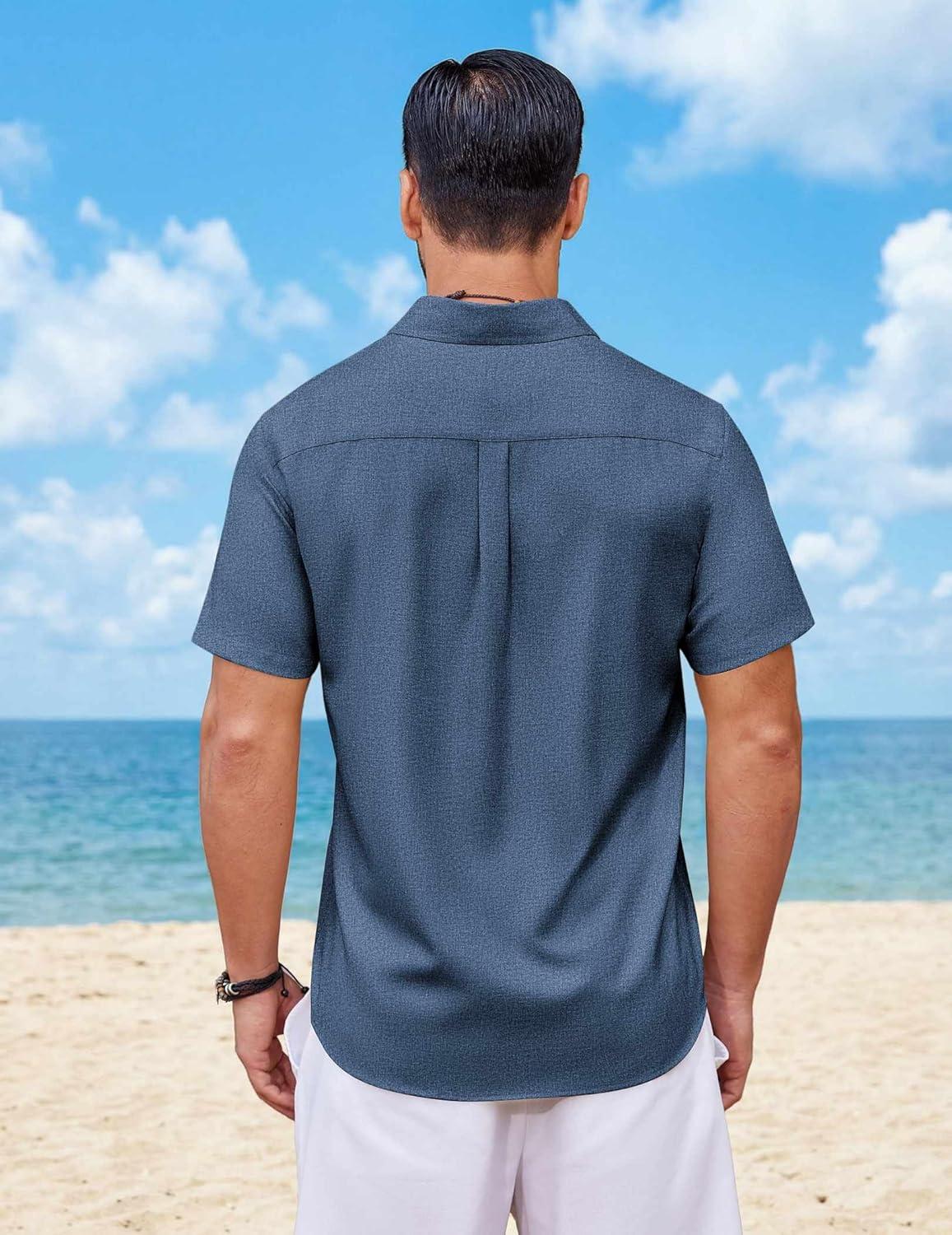 imageCOOFANDY Mens Button Down Shirt Short Sleeve Casual Shirts Summer Beach Wedding Linen Shirt with PocketDark Blue